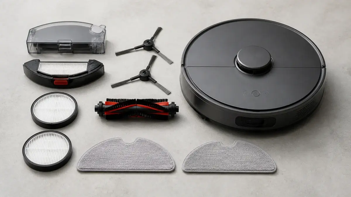 Robotstøvsuger med filtre, sidebørster, hovedbørste og moppekluter