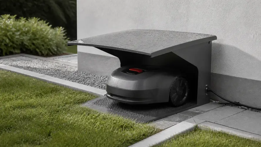 Robotgressklipper parkert ved ladestasjonen under en beskyttende garasje